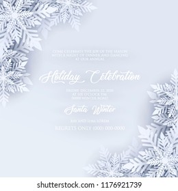 Blue Merry Christmas Greetings card. White Origami Paper cut snow flake. Happy New Year Decoration. Winter snowflakes background. Seasonal holidays. Snowfall. Origami. Gray background. Vector