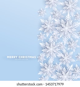 Blue Merry Christmas Greetings card. White Origami Paper cut snow flake. Happy New Year Decoration. Winter snowflakes background. Seasonal holidays. Snowfall. Origami. Blue background. Vector