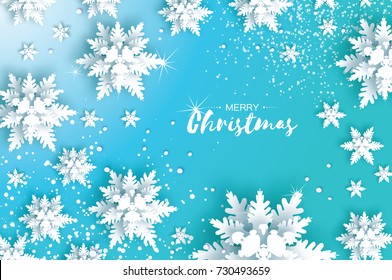 Blue Merry Christmas Greetings card. White Paper cut snow flake. Happy New Year Decoration. Winter snowflakes background. Seasonal holidays. Snowfall. Text. Blue background. Vector