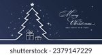 Blue Merry Christmas and Happy New Year card with tree, gift boxes and stars - vector illustration