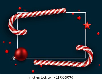 Blue Merry Christmas and Happy New Year card with red Christmas ball, stars and candy canes. Vector background.
