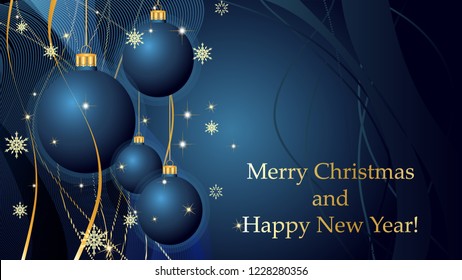 Blue Merry Christmas and Happy New Year background with Christmas decoration, ribbons, snowflakes and stars. Greeting card and Ecard vector banner invitation