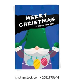 Blue merry christmas and happy new year greeting card template design with gnome character vector