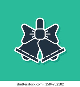 Blue Merry Christmas ringing bell icon isolated on green background. Alarm symbol, service bell, handbell sign, notification.  Vector Illustration