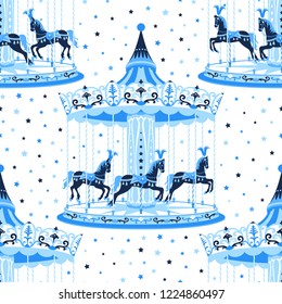 Blue merry-go-round seamless pattern. Carousel with horse. Amusement ride for childrens entertainment. Vector illustration can be used for textile, wallpaper, greeting card backdrop, phone case print.