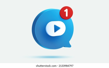 Blue message bubble with Play video button 3d vector icon. Media player sign or subscribe symbol. notification icon with number alarm message concept. Speech bubble on background