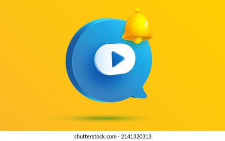 burbuja de mensajes azules con el botón Reproducir vídeo icono vectorial 3d. Símbolo o símbolo del reproductor de medios y símbolo de alarma de número de notificación aislado en el fondo amarillo. señal de timbre amarillo con nueva suscripción.