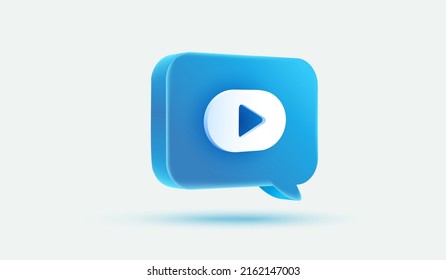blue message bubble with Play video button 3d vector icon style. Media player sign or symbol 