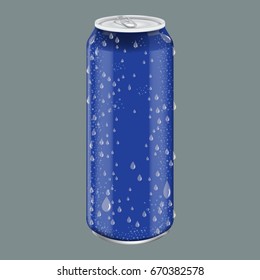 Blue Metal Aluminum Beverage Drink with water drops. Mockup for Product Packaging. Energetic Drink Can 500ml, 0,5L. Illustrated vector