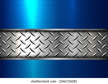 Blue metal background with diamond plate pattern, 3d technology design with brushed metal texture, vector illustration.