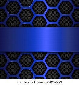 Blue Metal Background. Hexagonal, Honey Comb Stainless Steel Mesh. Vector Illustration