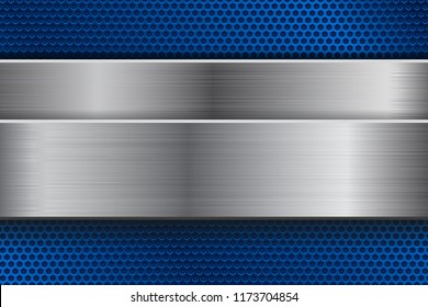 Blue metal background with perforation and brushed steel plate. Vector 3d illustration