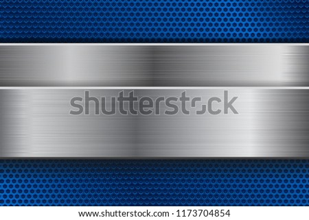 Blue metal background with perforation and brushed steel plate. Vector 3d illustration