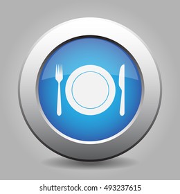 blue metal button - white cutlery, fork and knife with plate