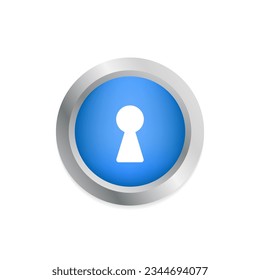 Blue metal button - with white keyhole and shadow. Mysterious door lock. Vector illustration