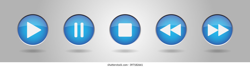 blue metal button with white music control buttons - icons with shadows