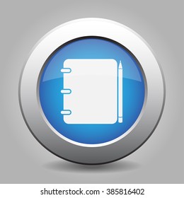 blue metal button - white notepad with pencil