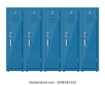 Blue metal cabinets. Lockers in school or gym with silver handles and locks. Safe box with doors, cupboard, compartment. Vector illustration in flat style