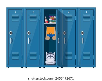 Blue metal cabinets. Lockers in school with silver handles and locks. Safe box with doors, cupboard, compartment. Books, food, clothes and backpack inside. Vector illustration in flat style