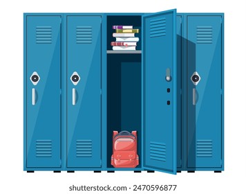 Blue metal cabinets. Lockers in school with silver handles and locks. Safe box with doors, cupboard, compartment. Books, backpack inside. Vector illustration in flat style