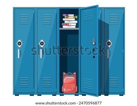 Blue metal cabinets. Lockers in school with silver handles and locks. Safe box with doors, cupboard, compartment. Books, backpack inside. Vector illustration in flat style