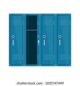 Blue metal cabinets school or gym with Combination Locks. Colorful interior.