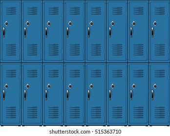 Blue metal cabinets school or gym with black handles and locks  in two row