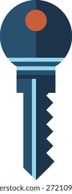Una llave de metal azul con cabeza circular y dientes en zigzag presentados en un estilo plano limpio.