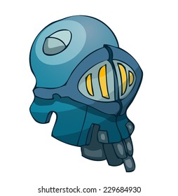 Blue Metal Knight Helmet, Vector Illustration isolated on White Background, outlines placed on a separate Layer. 