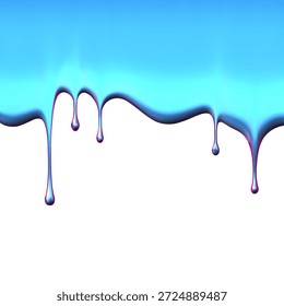 Ilustración vectorial de borde de goteo líquido de metal azul. Gotas metálicas brillantes realistas que fluyen hacia abajo. Efecto de aleación de fusión con reflejos. Patrón ondulado de goteo de líquido. Fondo de salpicaduras de pintura Abstractas