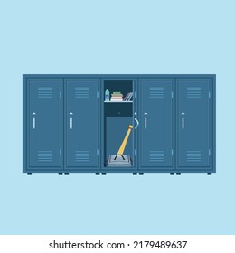 Blue metal Lockers. Lockers in school or gym with silver handles and locks. Safe box with doors open, cupboard, books, mineral water, sport bag, and baseball bat