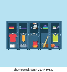 Blue metal Lockers. Lockers in school or gym with silver handles and locks. Crowded safe box with doors open, cupboard and many items.