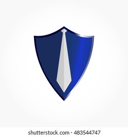 blue metal look shield with light effect and a grey tie on it. lawyer logo vector.