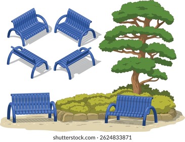 Blue metal park benches with curved design, armrests, and slatted seating, shown in different views. Landscaped area features a tree, green foliage, and a stone border around grass and shrubs.

