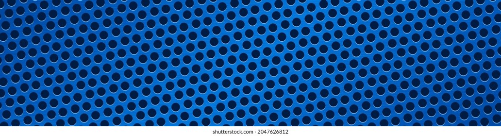 Blue metal perforated background. Abstract stainless steel technology background. Seamless circle perforated metal grill vector pattern. Metal perforated background with blue steel plate. Vector EPS10