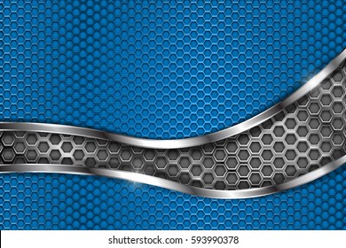 Blue metal perforated background with abstract curved elements. With hexagon holes. Vector 3d illustration