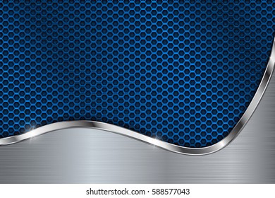 Blue metal perforated background. Chrome curve element. Vector 3d illustration.