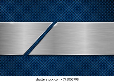 Blue metal perforated background with cut brushed plate. Vector 3d illustration