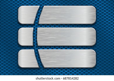 Blue metal perforated background with long cut iron plates. Vector 3d illustration