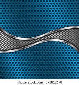 Blue metal perforated background with silver wave element. Vector 3d illustration