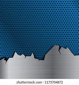 Blue metal perforated background with stainless steel element with torn edges. Vector 3d illustration