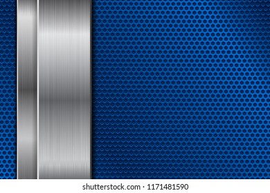 Blue metal perforated background with vertical stainless steel plate. Vector 3d illustration