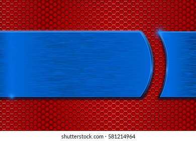 Blue metal plate on red perforated background. Vector 3d illustration.