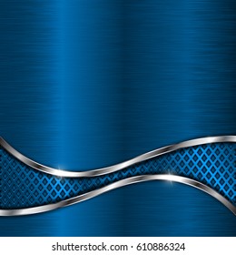 Blue metal scratched background with abstract wave. Vector 3d illustration