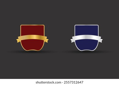 Blue metal shield vector for a label, seal, stamp, icon, logo, badge, symbol, sticker, security, and button. Premium Badge design with golden and silver shield ribbon on a dark background.