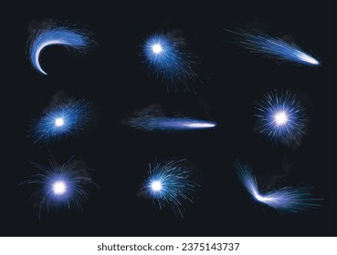 Blue metal welding sparks realistic icons set with iron cutting fireworks isolate vector illustration