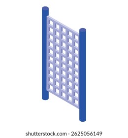 Blue metal wire mesh on two poles representing a fence, gate or barrier, isometric 3d style