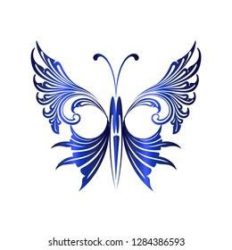 blue metalic ethnic abstract butterfly ornament design with white background. tattoo  in the form of the sun. Simple tribal logo design for men, woman and girl. vector illustration