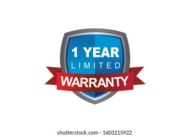 Blue metallic 1 year warranty shield with red ribbon