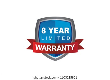 Blue metallic 8 year warranty shield with red ribbon